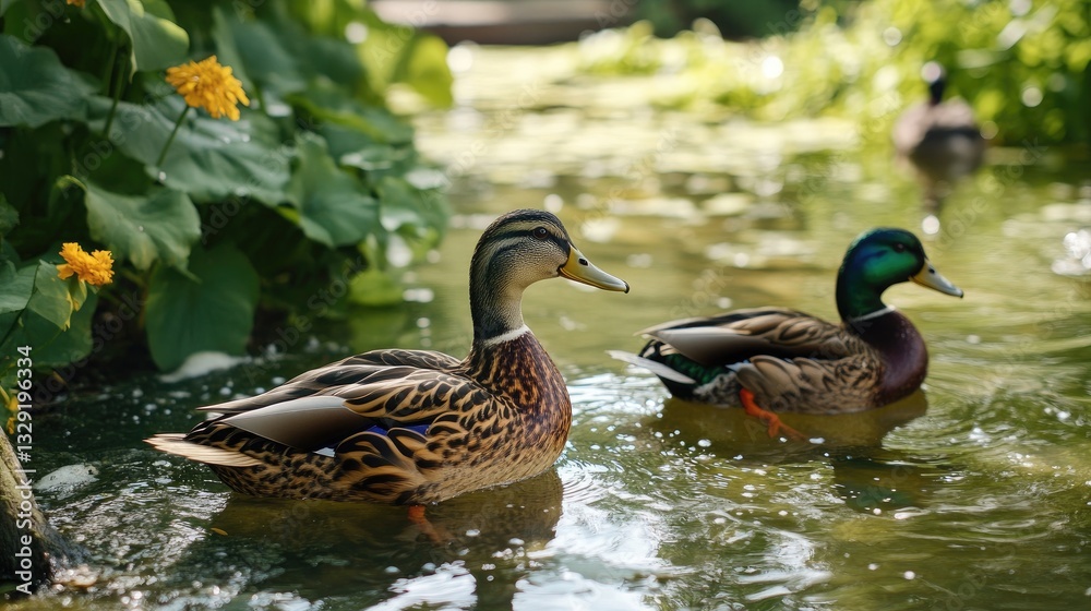 Fototapeta premium Ducks Swimming Garden Pond Summer.