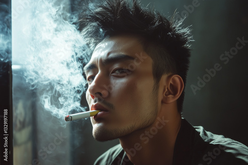 Portrait of man smoking cigarette, Anxiety man smoking.