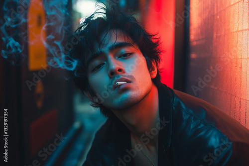 Portrait of man smoking cigarette, Anxiety man smoking.