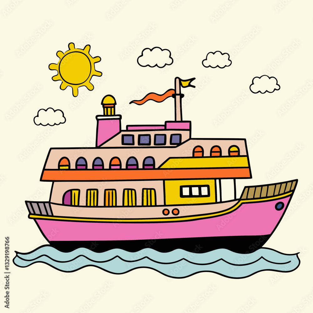 Fototapeta premium Colorful Cruise Ship Sailing in the Ocean – Fun Maritime Illustration for Travel and Vacation Themes