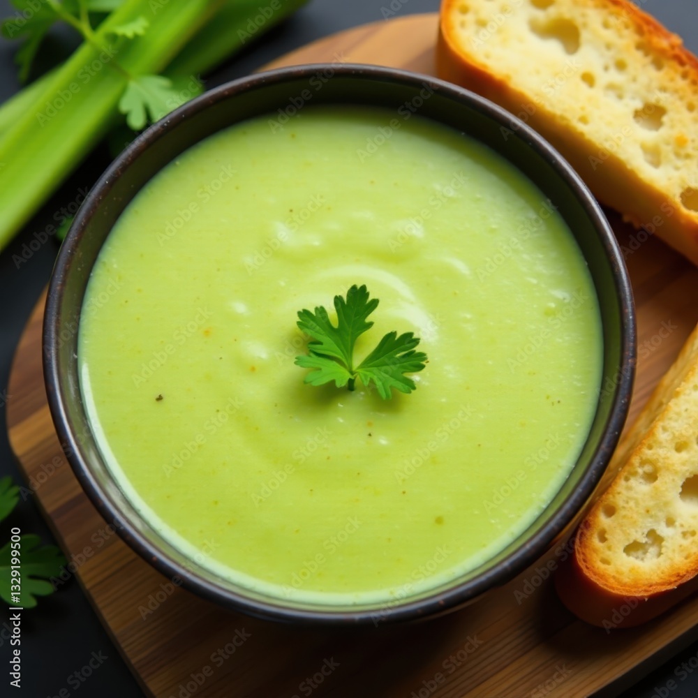 Creamy celery soup in bowl, celery sticks & bread , easy recipe, bread Creamy celery soup in bowl, celery sticks & bread , easy recipe, bread