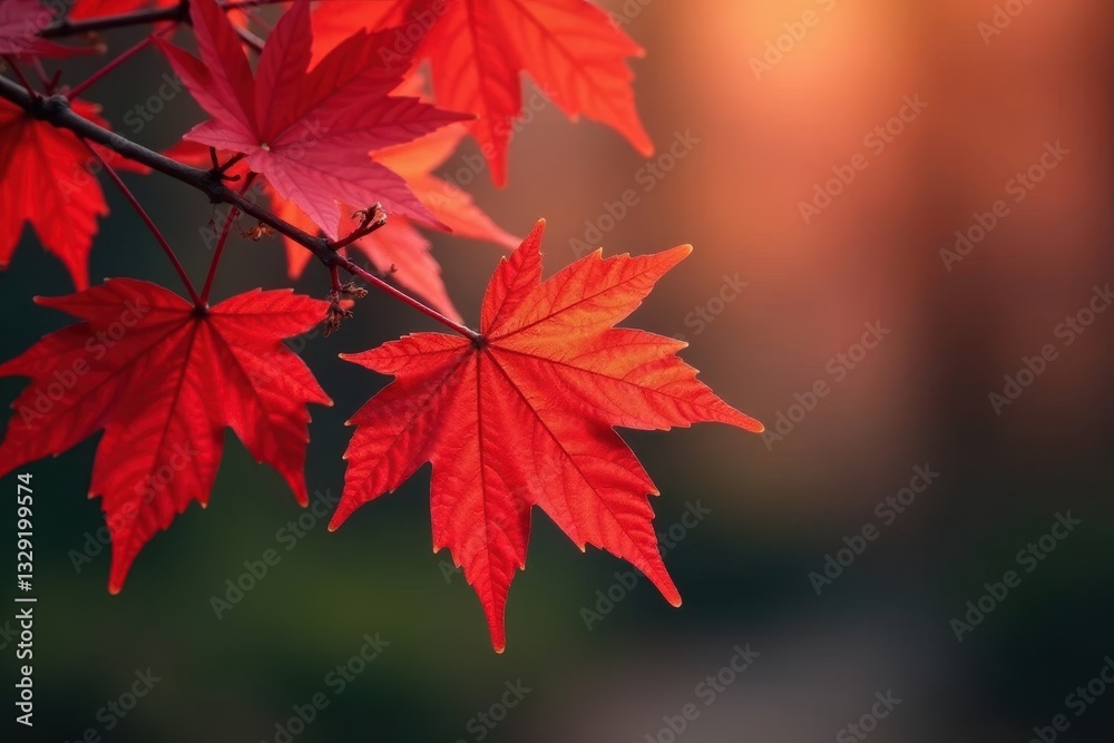 Crimson red maple leaves cluster on twiggy branches , macro, october Crimson red maple leaves cluster on twiggy branches , macro, october