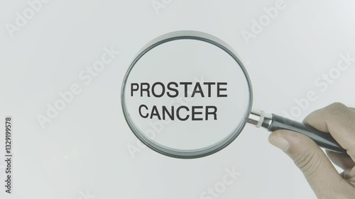 Prostate cancer text highlighted by a magnifying glass in a hand on a white background, symbolizing focus on early detection, awareness, and treatment of prostate cancer