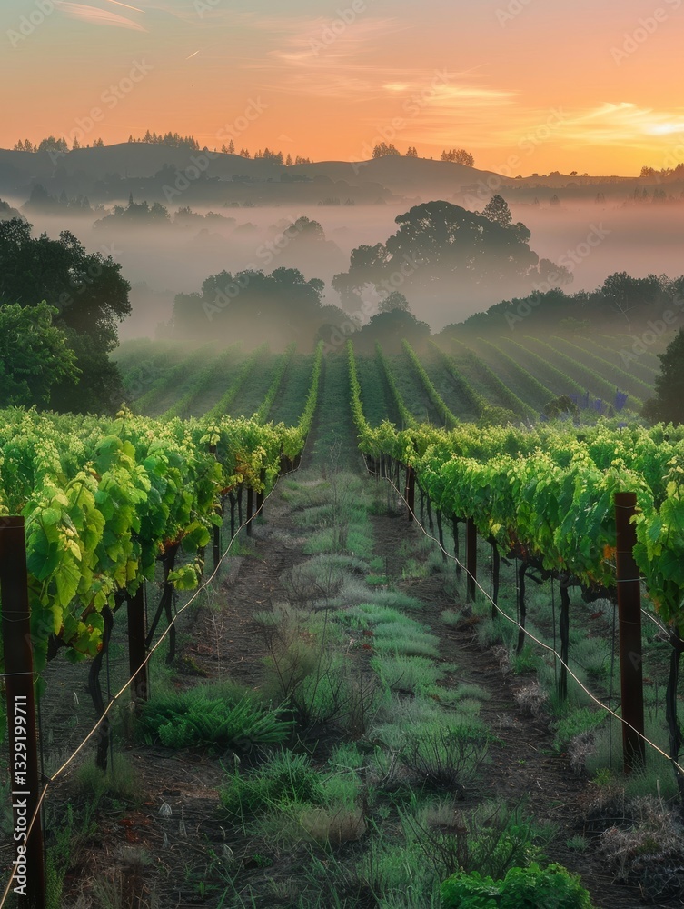 Fototapeta premium Sunlight filters through the morning mist in a vineyard, illuminating the green vines and ripening grape clusters.