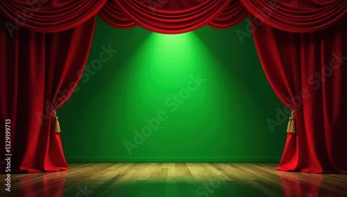 Crimson velvet curtains rise, revealing vibrant green stage , velvet, theater