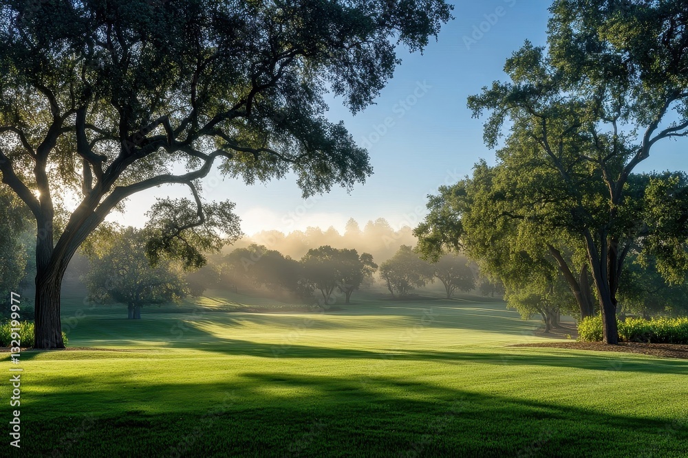 Tranquil Summer Park Landscape with Morning Mist Rising from Emerald Lawn and Ancient Oak Trees Tranquil Summer Park Landscape with Morning Mist Rising from Emerald Lawn and Ancient Oak Trees