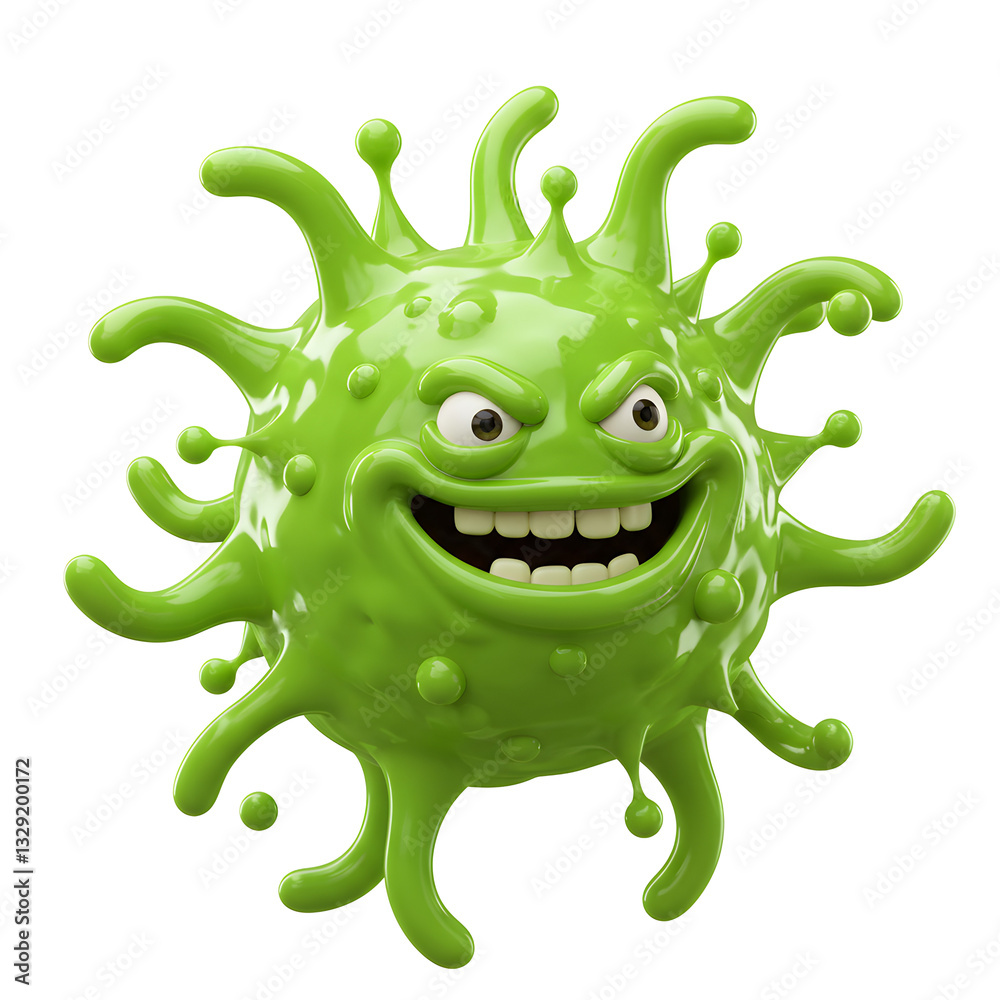Playful Green 3D Virus Cartoon Character with a Smiling Face Playful Green 3D Virus Cartoon Character with a Smiling Face