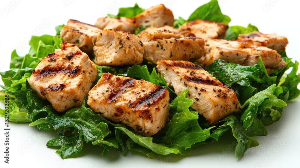 A tightly cropped view of chicken Caesar salad emphasizing the grill marks on the chicken and the crispness of the lettuce A tightly cropped view of chicken Caesar salad emphasizing the grill marks on the chicken and the crispness of the lettuce