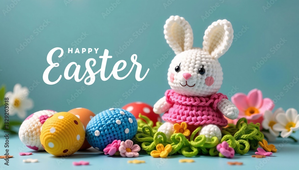 Happy Easter with Amigurumi Bunny and Eggs, Spring Holiday