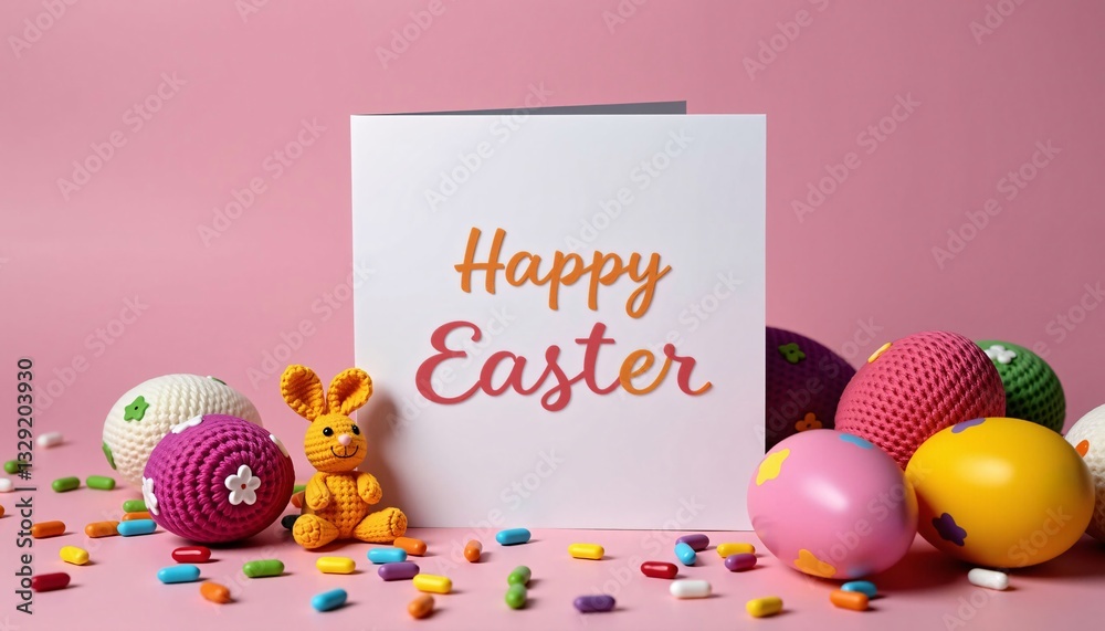 Happy Easter Card with Bunny and Yarn Eggs, Spring Holiday