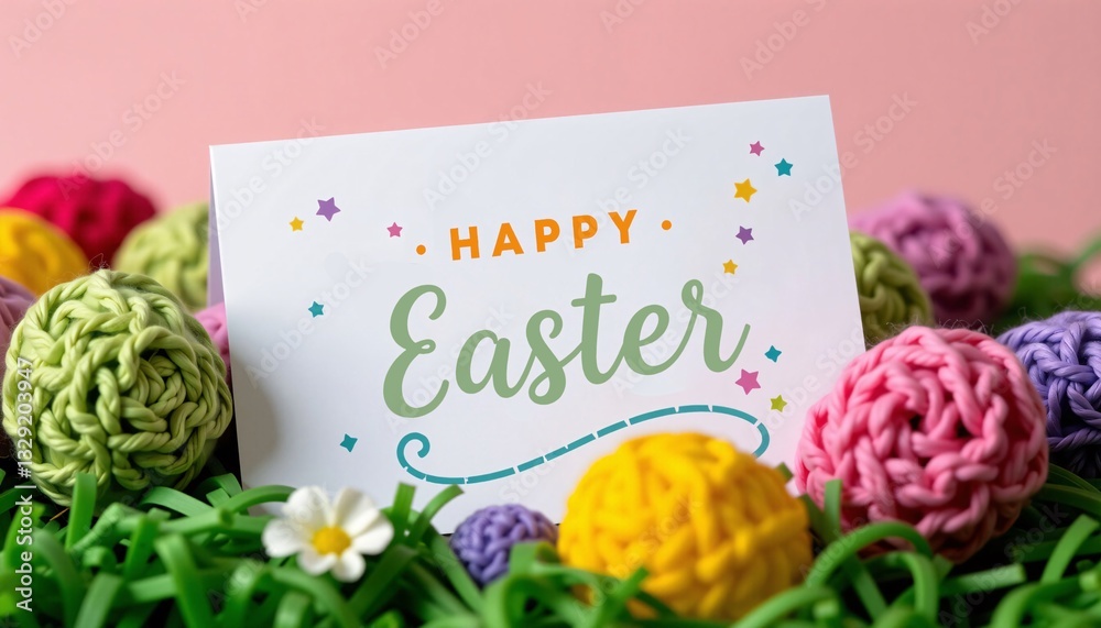 Happy Easter Card with Yarn Eggs, Spring Holiday