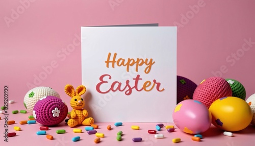 Obraz na płótnie Happy Easter Card with Bunny and Yarn Eggs, Spring Holiday w salonie