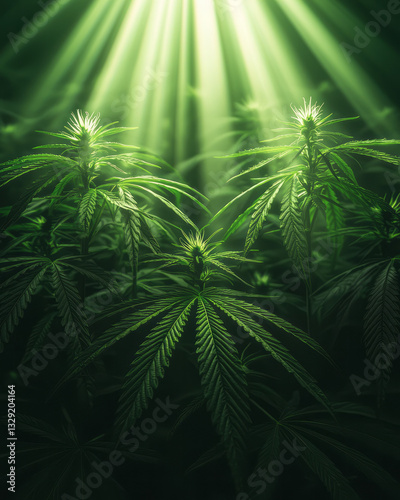A tranquil sunrise moment: warm morning beams grazing over the cannabis plantâ€™s fresh leaves,