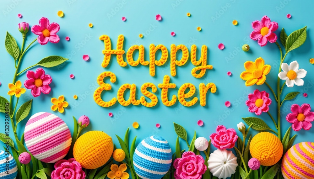 Crochet Happy Easter with Flowers and Eggs on Blue