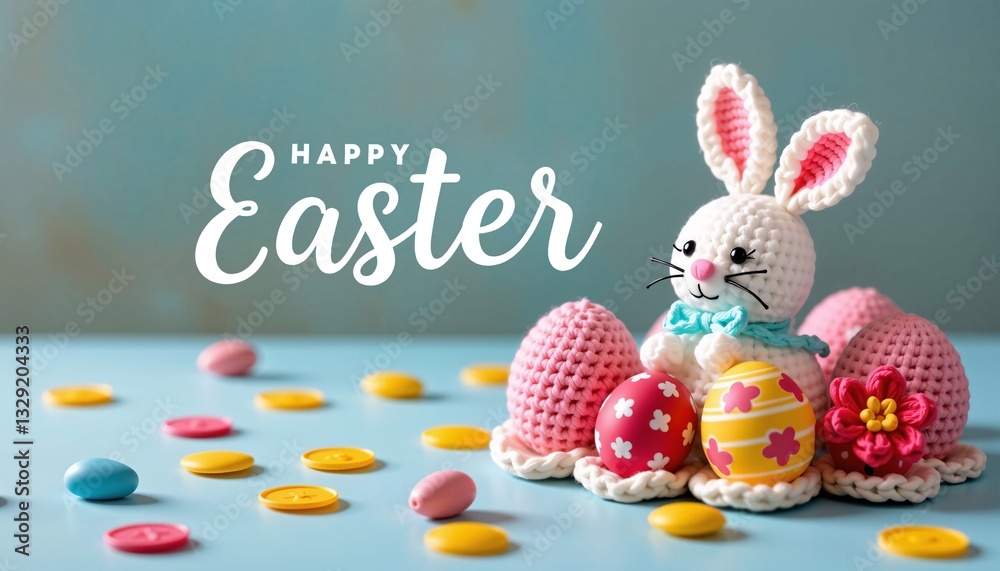 Crochet Easter Bunny with Eggs and Flowers on Blue