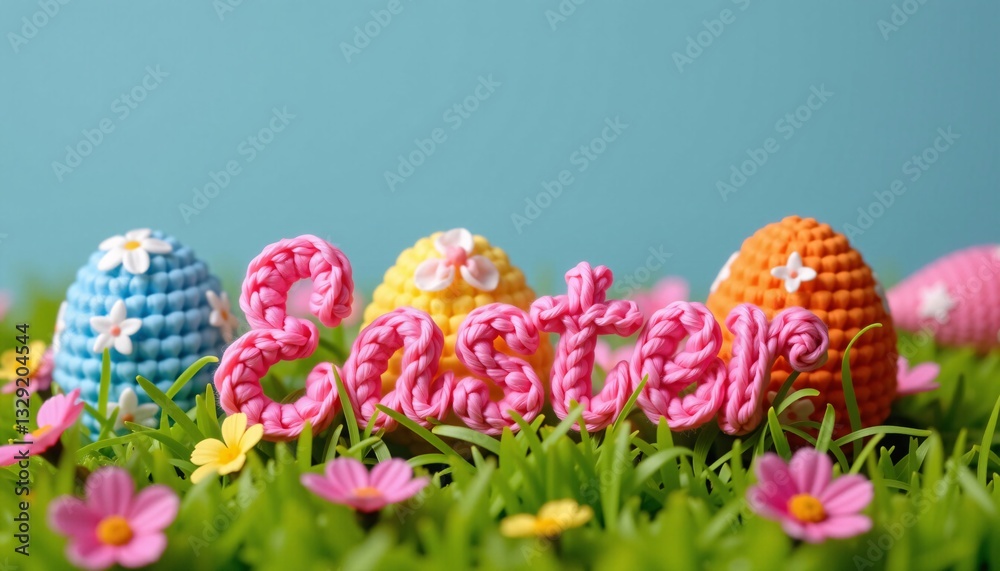 Crochet Easter Word with Eggs and Flowers on Green