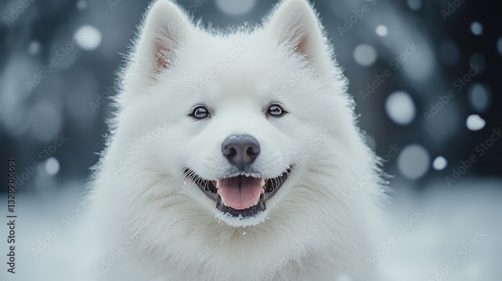 Obraz premium Playful samoyed dog smiles in snowy winter wonderland close-up
