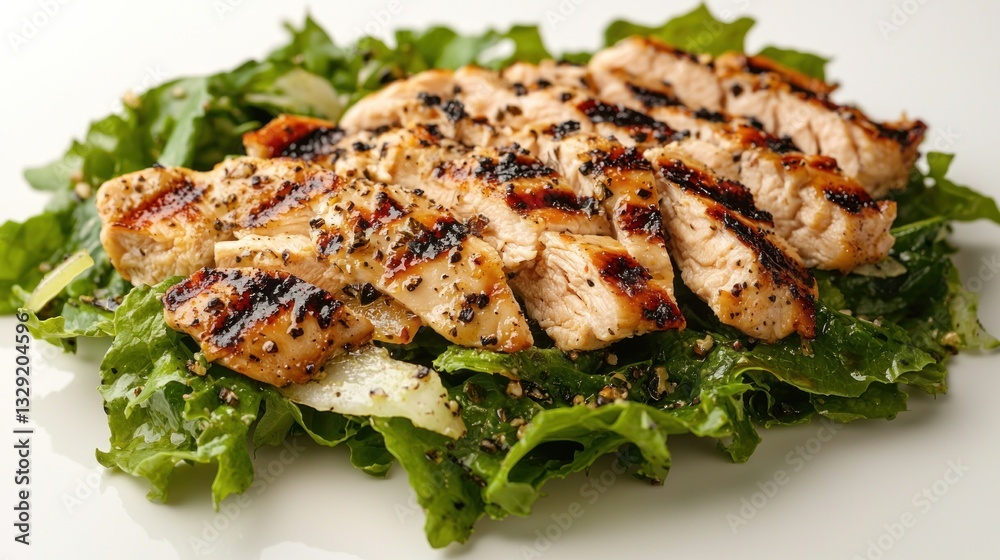 A white bowl overflowing with fresh chicken Caesar salad, garnished with shaved Parmesan and a sprinkle of herbs A white bowl overflowing with fresh chicken Caesar salad, garnished with shaved Parmesan and a sprinkle of herbs
