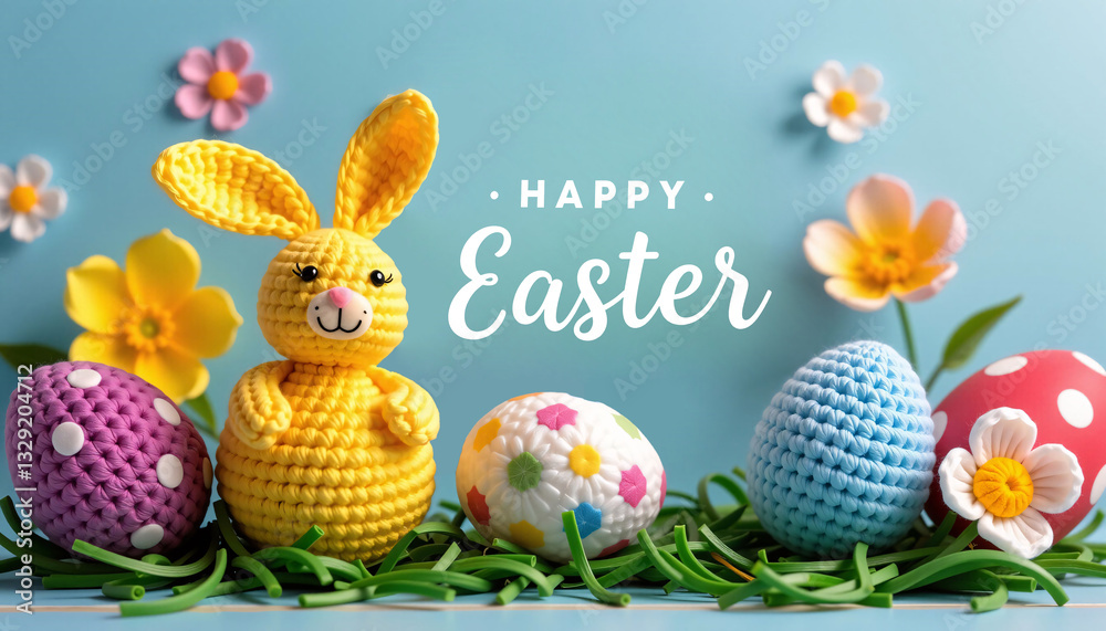 Crochet Easter Bunny with Eggs and Flowers on Blue