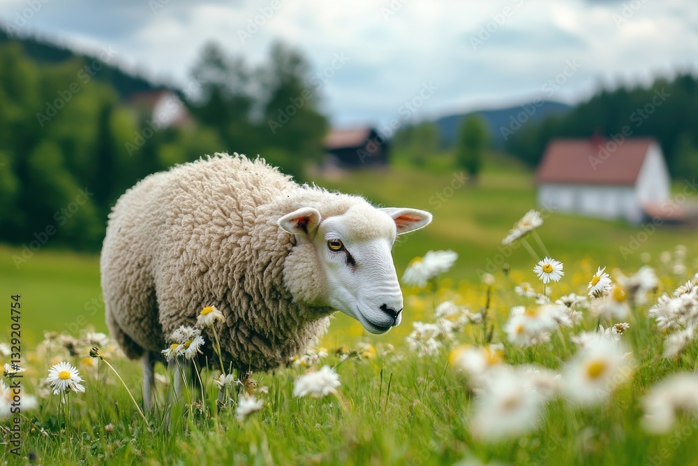 Fototapeta premium A sheep wandering through a blooming meadow filled with daisies, showcasing the beauty of nature in spring.