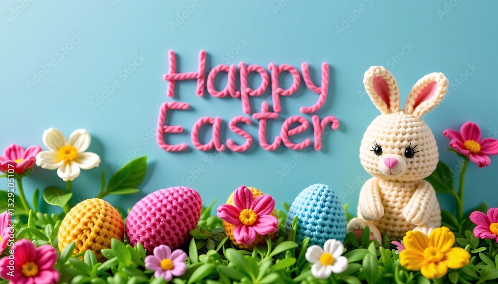 Crochet Happy Easter with Bunny, Eggs, and Flowers on Blue