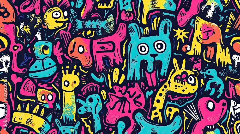 a vibrant graffiti-inspired pattern with animal themes. a vibrant graffiti-inspired pattern with animal themes.