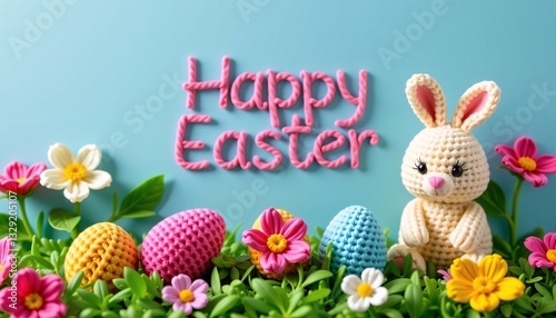 Crochet Happy Easter with Bunny, Eggs, and Flowers on Blue