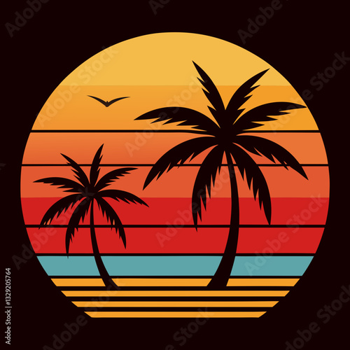 retro sunset beach palm trees  vector t shirt design