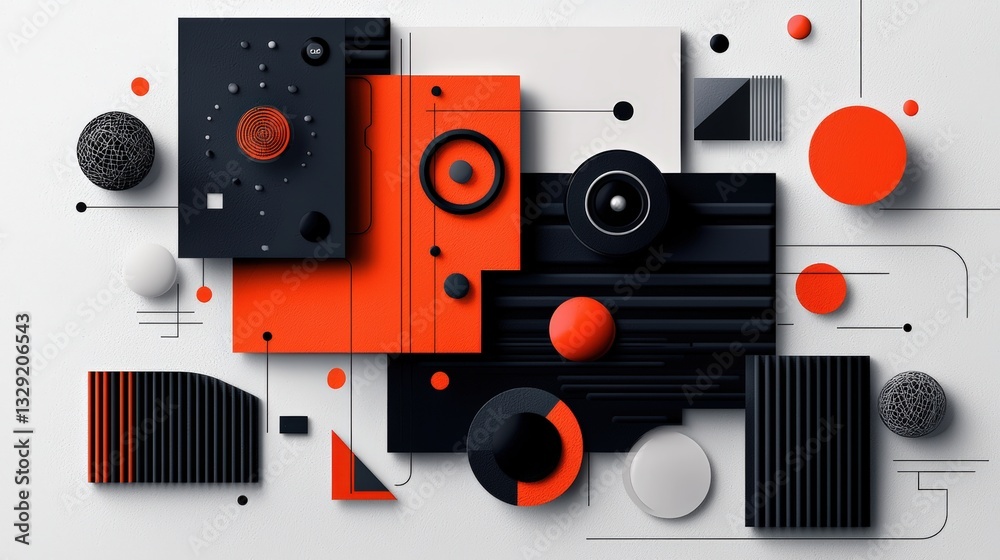 Fototapeta premium Abstract geometric composition featuring red, black, and white shapes, perfect for modern design and artistic backgrounds.