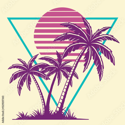80s Neon Palm Trees T-Shirt - Vintage Sunset and Triangle Graphic Tee for Summer