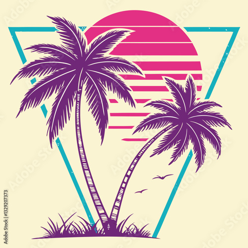 Neon Palm Trees Retro Sunset T-Shirt Design - Vintage Tropical Graphic Tee