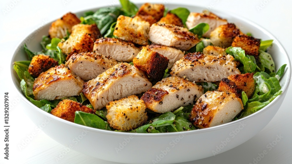 Chicken Caesar salad served in a modern white bowl, with crispy croutons and a sprinkling of black pepper, Chicken Caesar salad served in a modern white bowl, with crispy croutons and a sprinkling of black pepper,