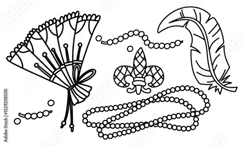 set of doodle holiday items for Mardi Gras. fan, beads, and feathers are female. It is suitable for decorating materials, advertising campaigns and products related to the Mardi Gras holiday, carnival