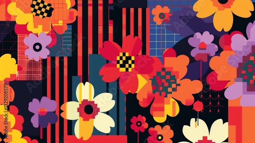 Abstract, geometric floral design with bold colors and patterns.