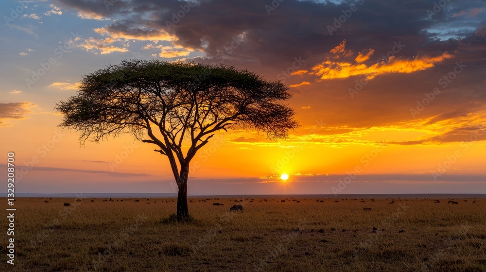 Fototapeta premium African Sunset: Acacia Tree Silhouetted Against Vibrant Orange Sky
