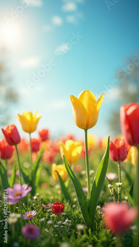 Vibrant Spring Meadow with Colorful Tulips Against a Blue Sky - Perfect for Easter Promotions and Seasonal Marketing
