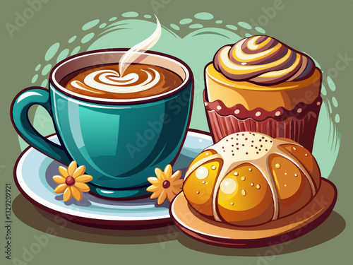 vector of  Hot cappuccino and brioche