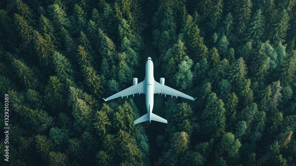 Fototapeta premium Airplane flying over lush green forest.