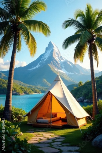 Luxury tent nestled amongst palms, majestic peak visible, idyllic, serene