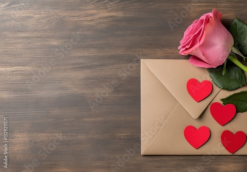 Pink Rose and Red Hearts on Kraft Envelope Rustic Wooden Background