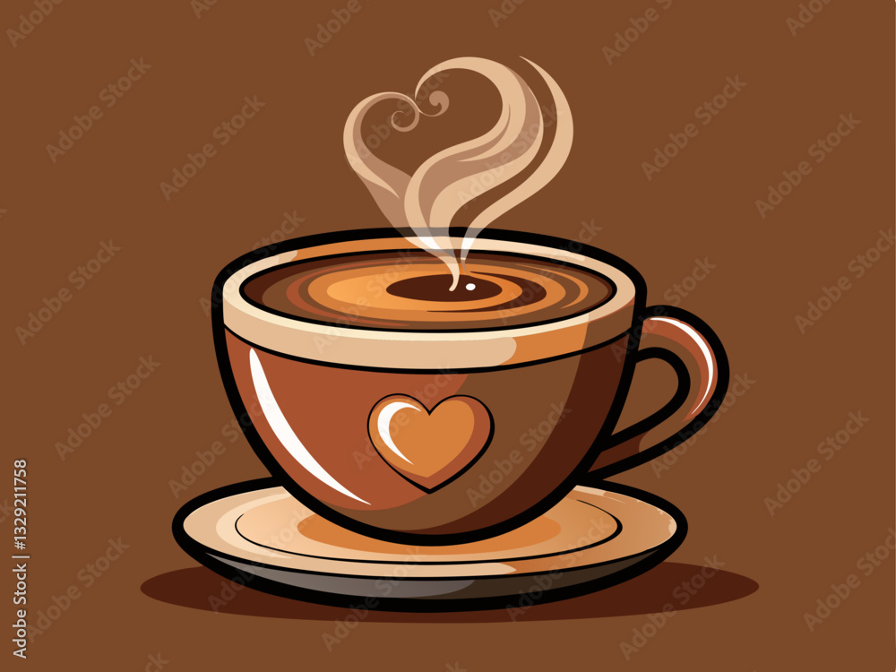 Obraz premium steaming cup of coffee with a heart-shaped foam design, on a warm brown background.