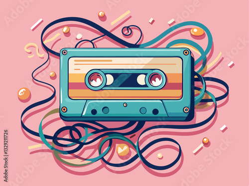 retro cassette tape with tangled tape spilling out, on a pastel pink background.
