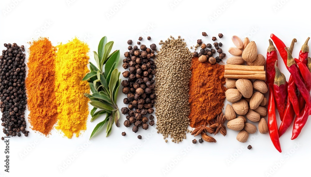 Fototapeta premium A vibrant array of colorful spices artfully arranged on a pristine white surface; a kaleidoscope of flavors captured from above. Black peppercorns add depth to this aromatic tableau