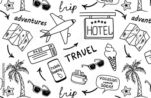 Travel pattern. Vector seamless pattern about traveling, booking tickets, vacation, flying on a plane and rest. Trendy background with hand drawn travel symbols for summer vacation. Black and white