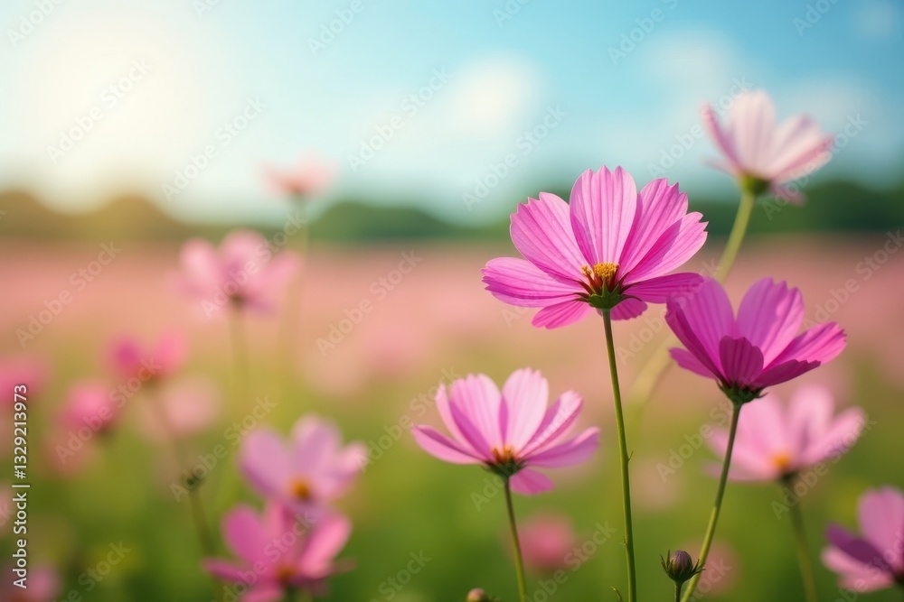 Pink cosmos flowers sway gently in a summer field , blossom, magenta Pink cosmos flowers sway gently in a summer field , blossom, magenta