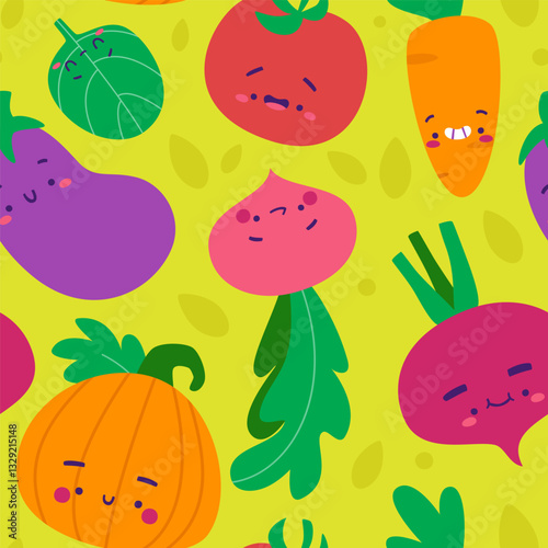 Cute vegetables with faces pattern. Seamless vector print with cartoon organic food.