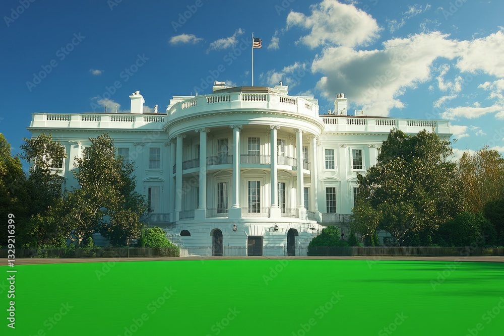 Obraz premium Rear view of the White House surrounded by lush greenery
