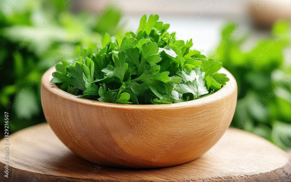 Fresh parsley in wooden bowl, vibrant green and aromatic, perfect for culinary use. This herb adds flavor and freshness to various dishes Fresh parsley in wooden bowl, vibrant green and aromatic, perfect for culinary use. This herb adds flavor and freshness to various dishes