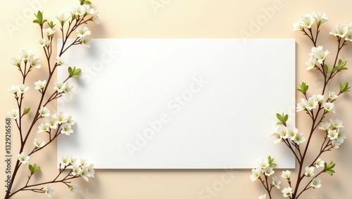 Wedding invitation card mockup featuring natural twigs. Blank card mockup set against a beige background.