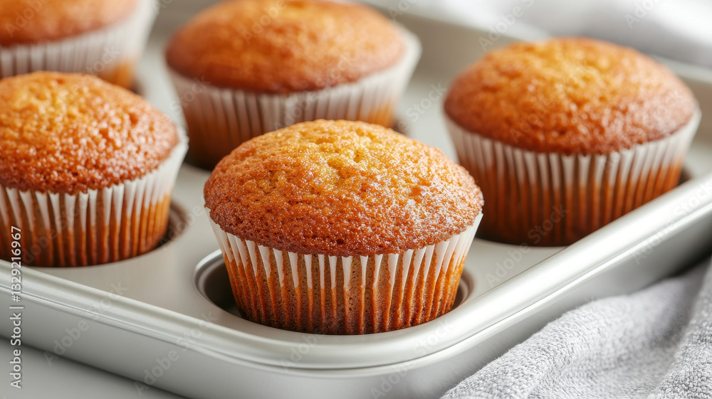 Freshly baked homemade muffins in baking tray, golden brown and fluffy, perfect for breakfast or snack. Enjoy delightful aroma and taste of these treats Freshly baked homemade muffins in baking tray, golden brown and fluffy, perfect for breakfast or snack. Enjoy delightful aroma and taste of these treats